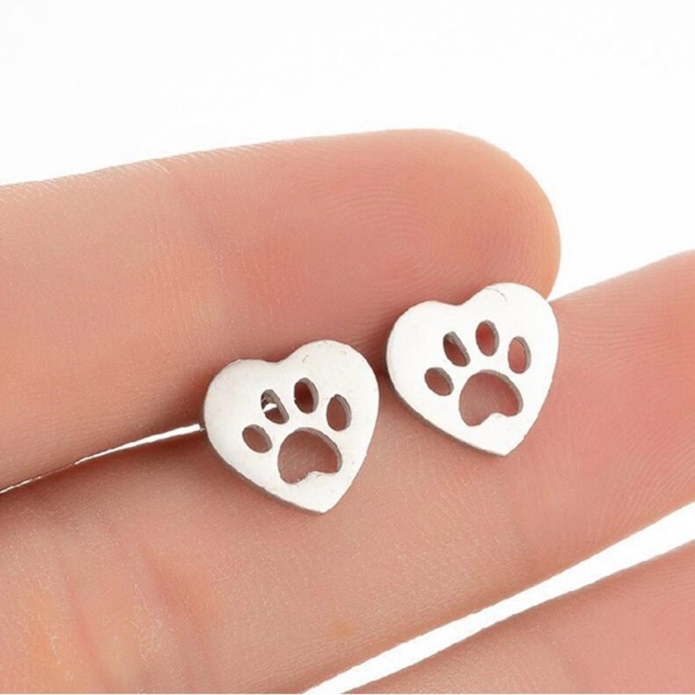 Silver Stainless Steel Stud Earrings, Pet Paw Heart Earrings, Dainty Earrings